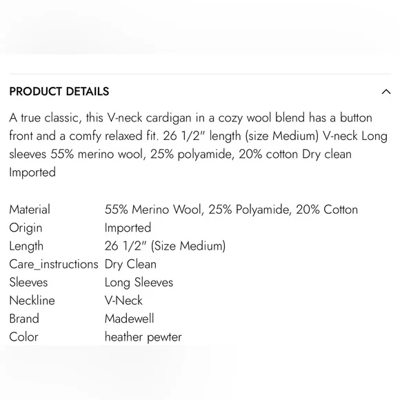 Madewell V-Neck Merino Wool blend  Relaxed Cardigan Heather Pewter, size M - Picture 7 of 11